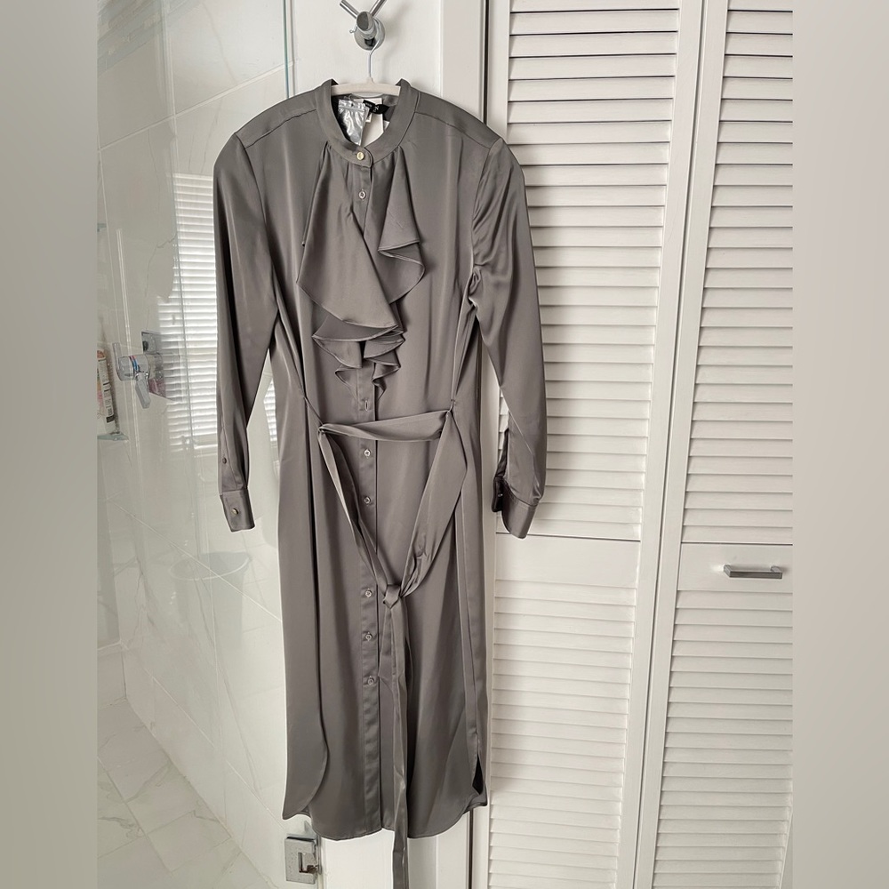 Ralph Lauren Women's Gray Ruffle-Trim Satin Charmeuse Shirt Dress Size 2
